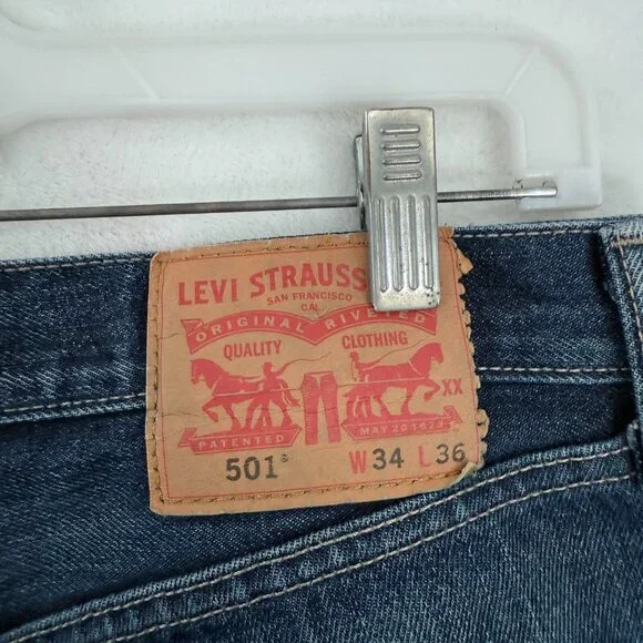 Levis 501 Jeans Mens 34x36 (32x33) Blue Original Button Fly Straight Leg Whisker - Picture 14 of 16